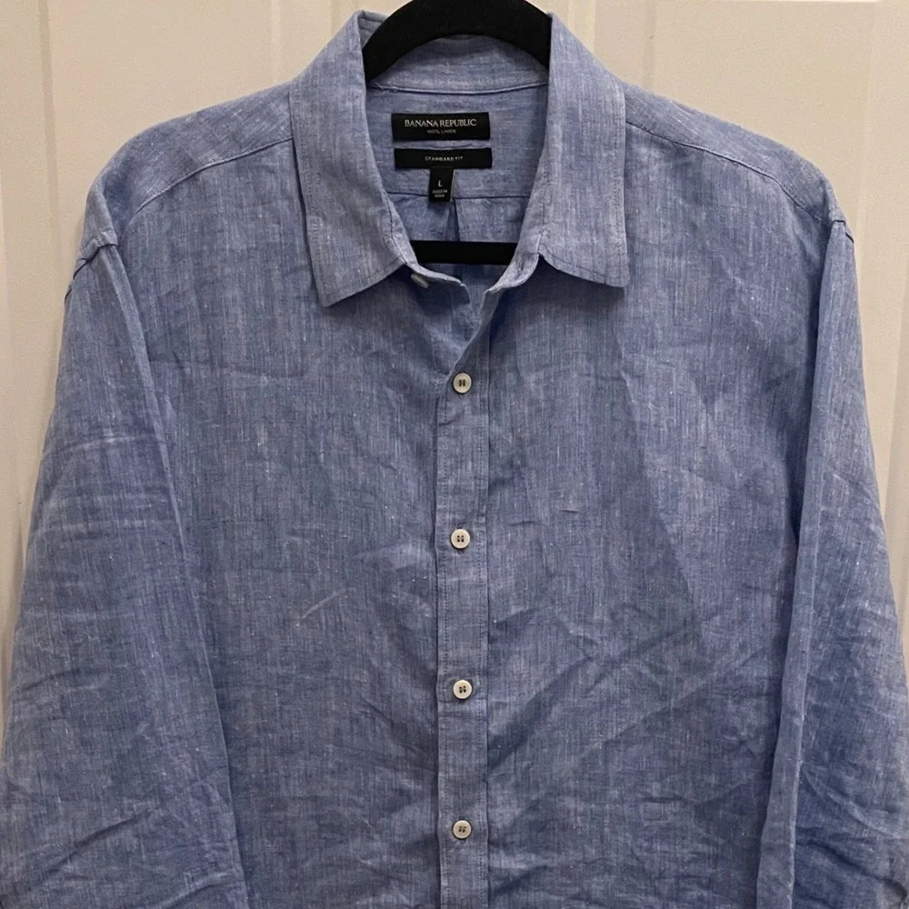 Banana Republic Mens 100% Linen Standard Fit Button Down Shirt Light Blue Large